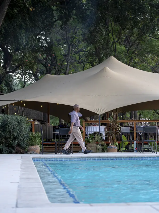 The pool and tented&nbsp;restaurant