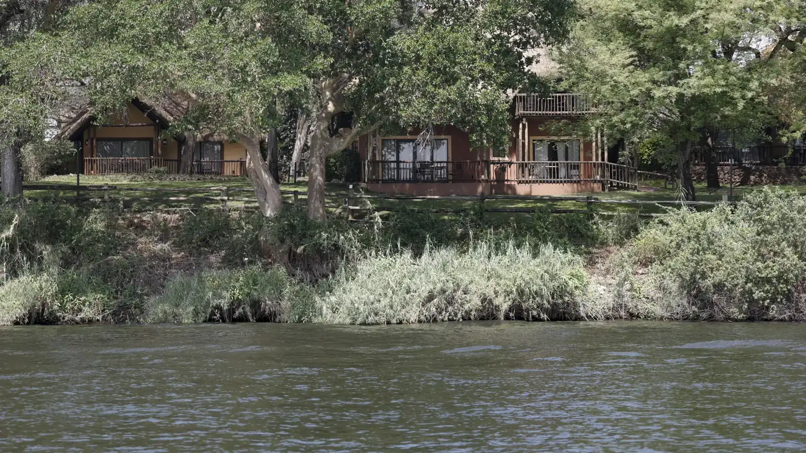Riverfront rooms among the trees, seen across the water